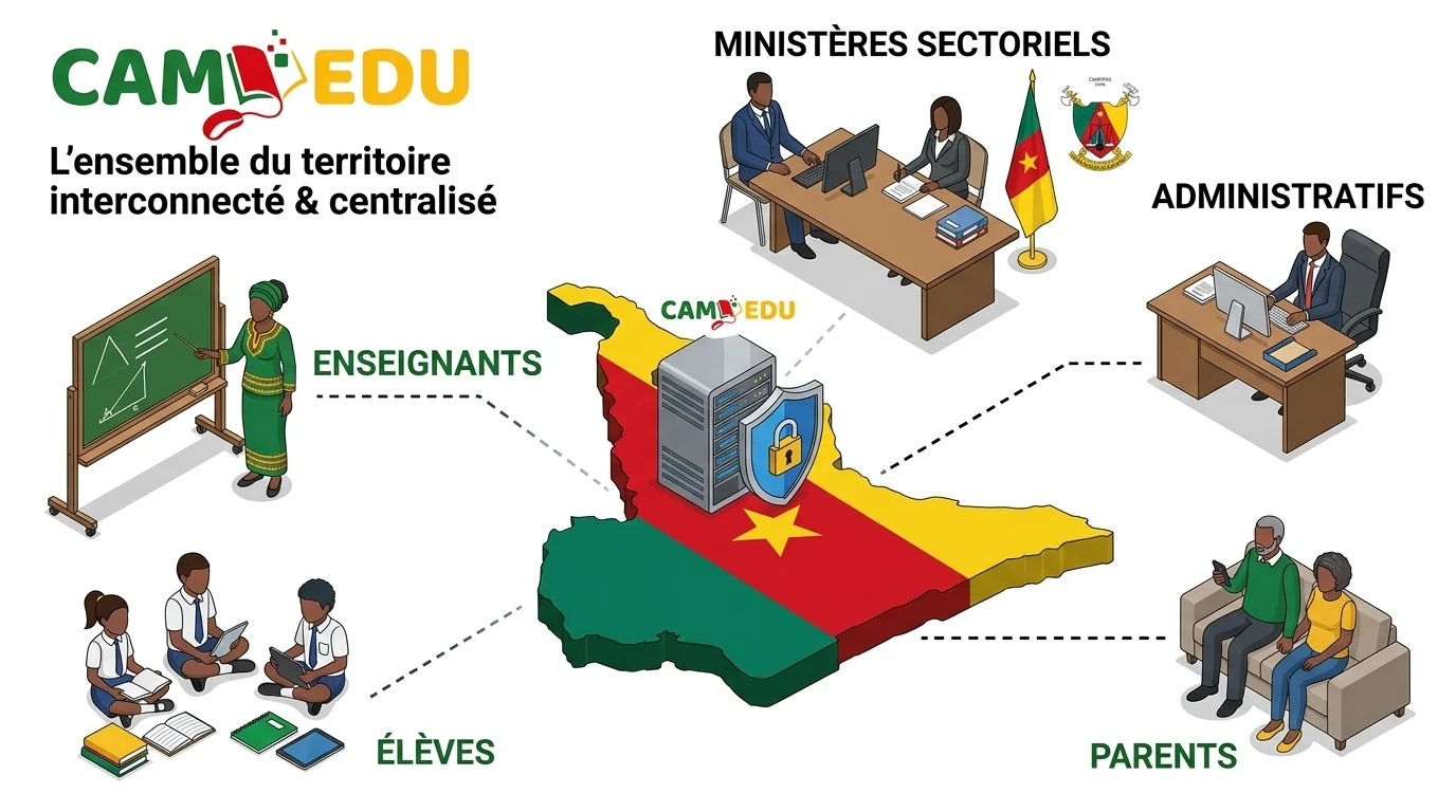 Carte du Cameroun reliant ministères, administrations, enseignants, élèves et parents autour de CAMEDU