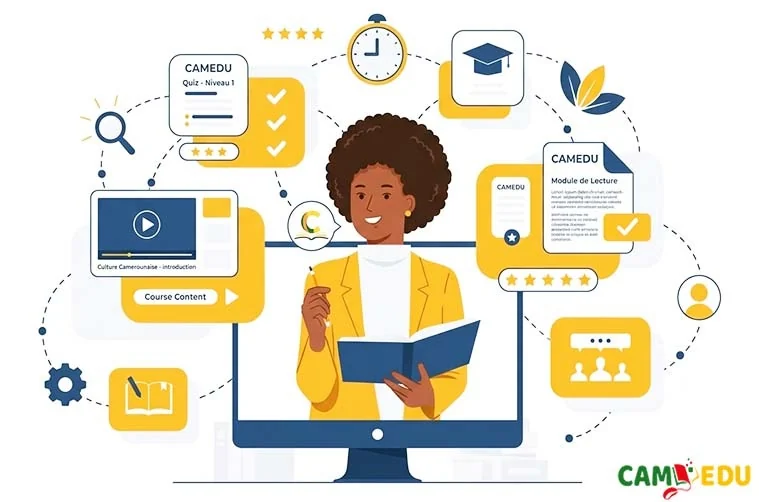 Illustration : une enseignante entourée des outils numériques de CAMEDU