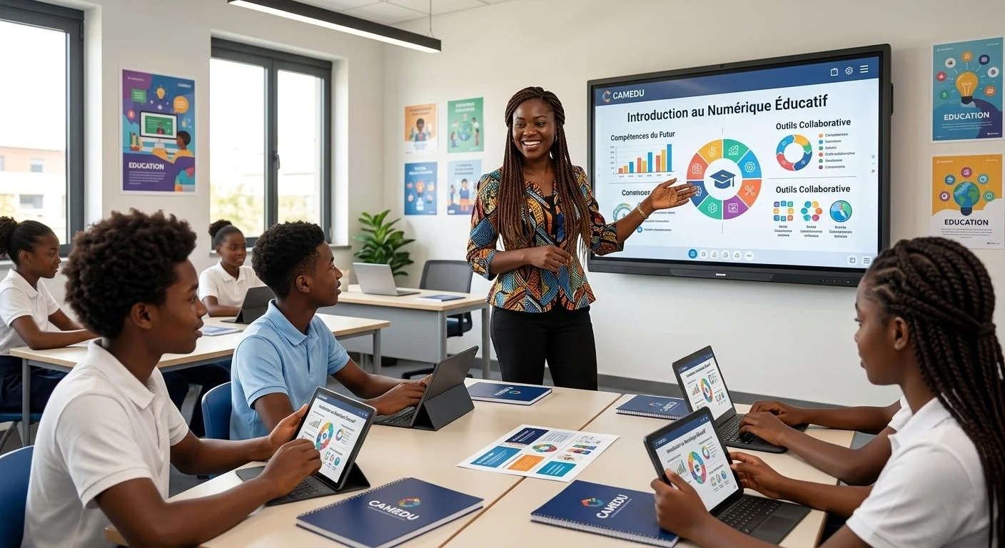 Une enseignante présente un cours sur grand écran à des élèves équipés de tablettes