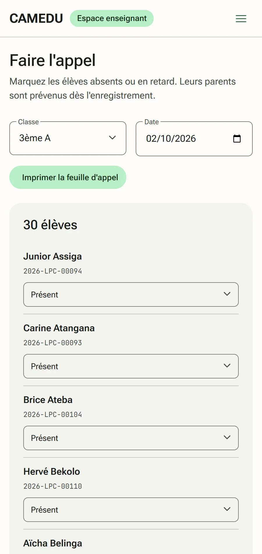 Espace enseignant de CAMEDU sur un téléphone