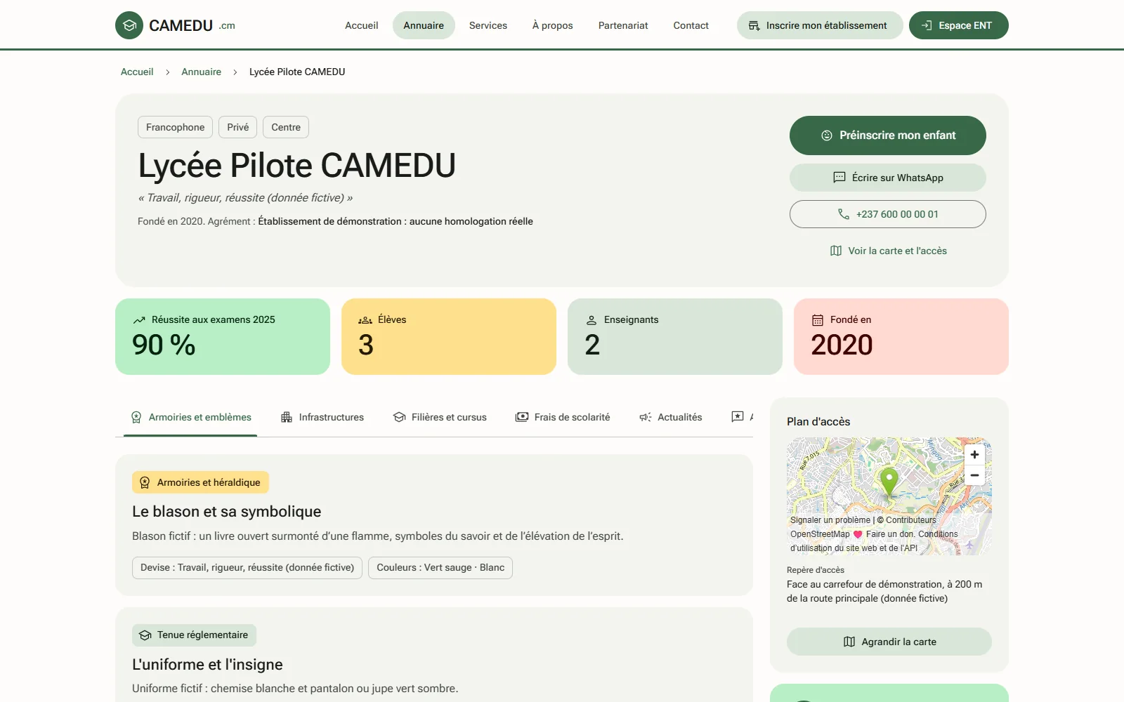 Fiche publique d'un établissement dans l'annuaire CAMEDU