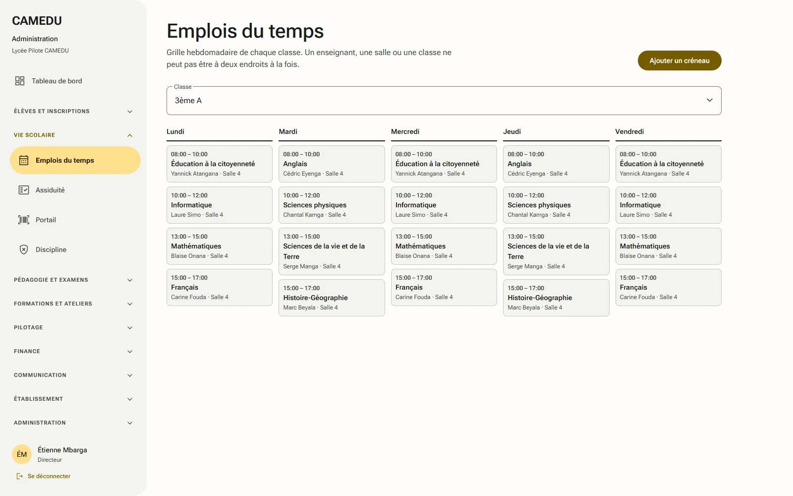 Feuille d'appel d'une classe dans CAMEDU