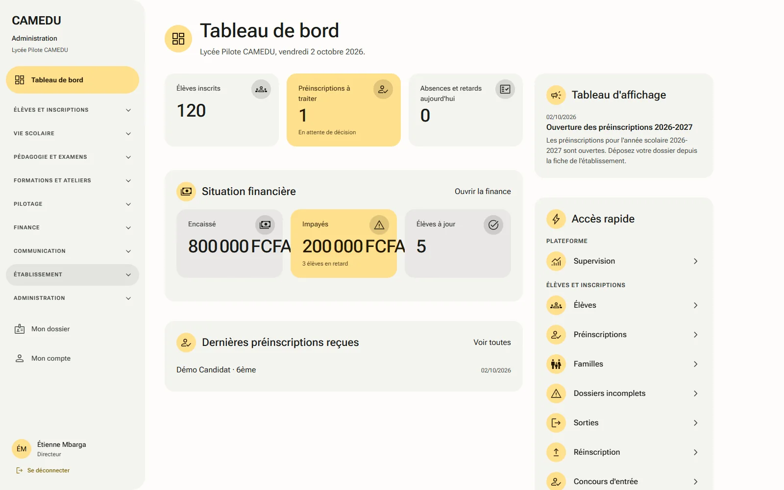 Tableau de bord de la direction dans CAMEDU